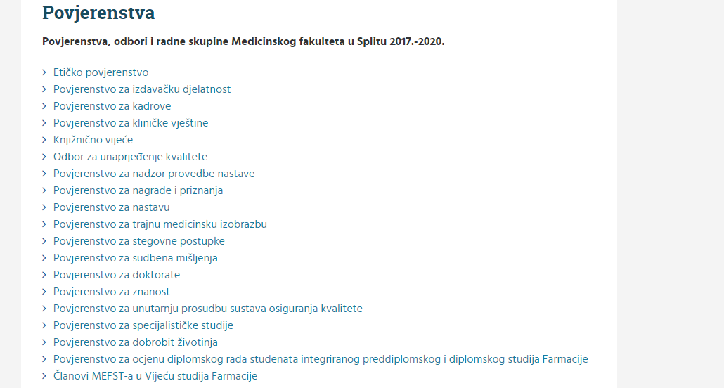 Povjerenstva, odbori i radne skupine Medicinskog fakulteta u Splitu 2017.-2020.